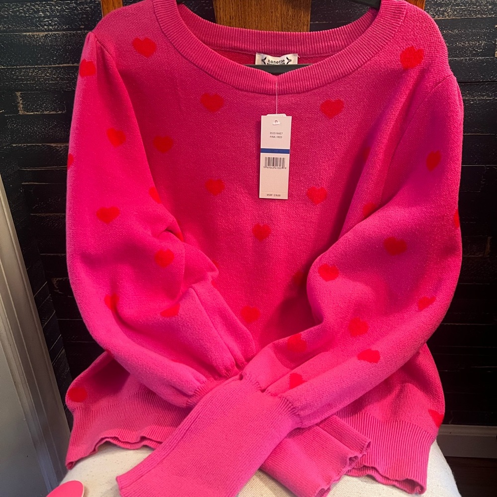 Nanette Lepore Vibrant Pink Sweater with Red Hearts